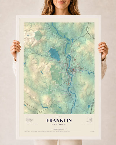 Franklin, New Hampshire map print, 24 x 36 in white wood frame