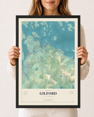 Gilford, New Hampshire map print, 12 x 18 in black wood frame