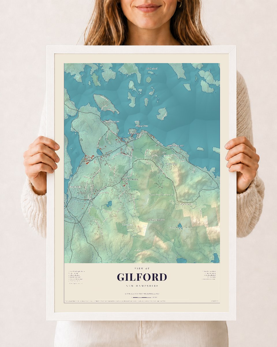 Gilford, New Hampshire map print, 12 x 18 in white wood frame