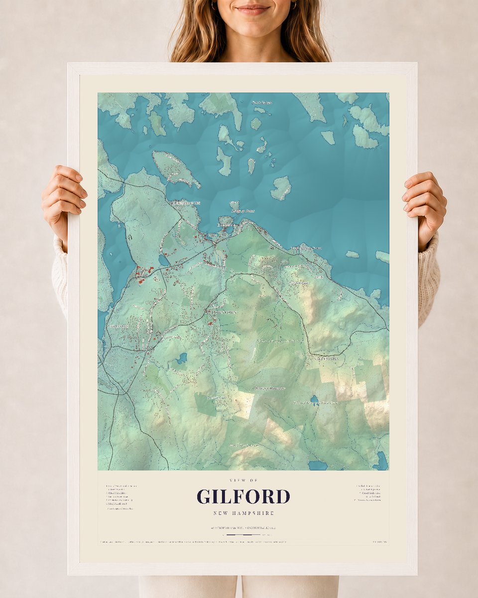 Gilford, New Hampshire map print, 24 x 36 in white wood frame