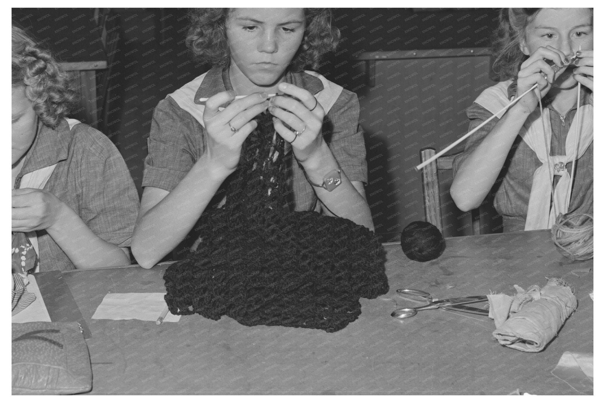 Girl Scouts Knitting at Farm Workers Camp Tulare County 1942 - Available at KNOWOL