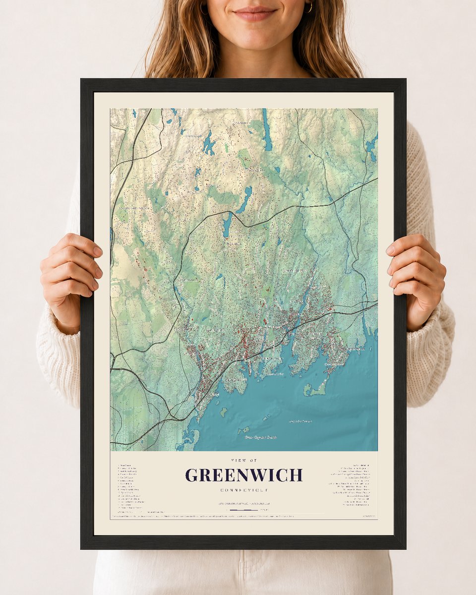 Greenwich, Connecticut map print, 12 x 18 in black wood frame