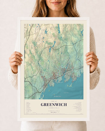 Greenwich, Connecticut map print, 12 x 18 in white wood frame