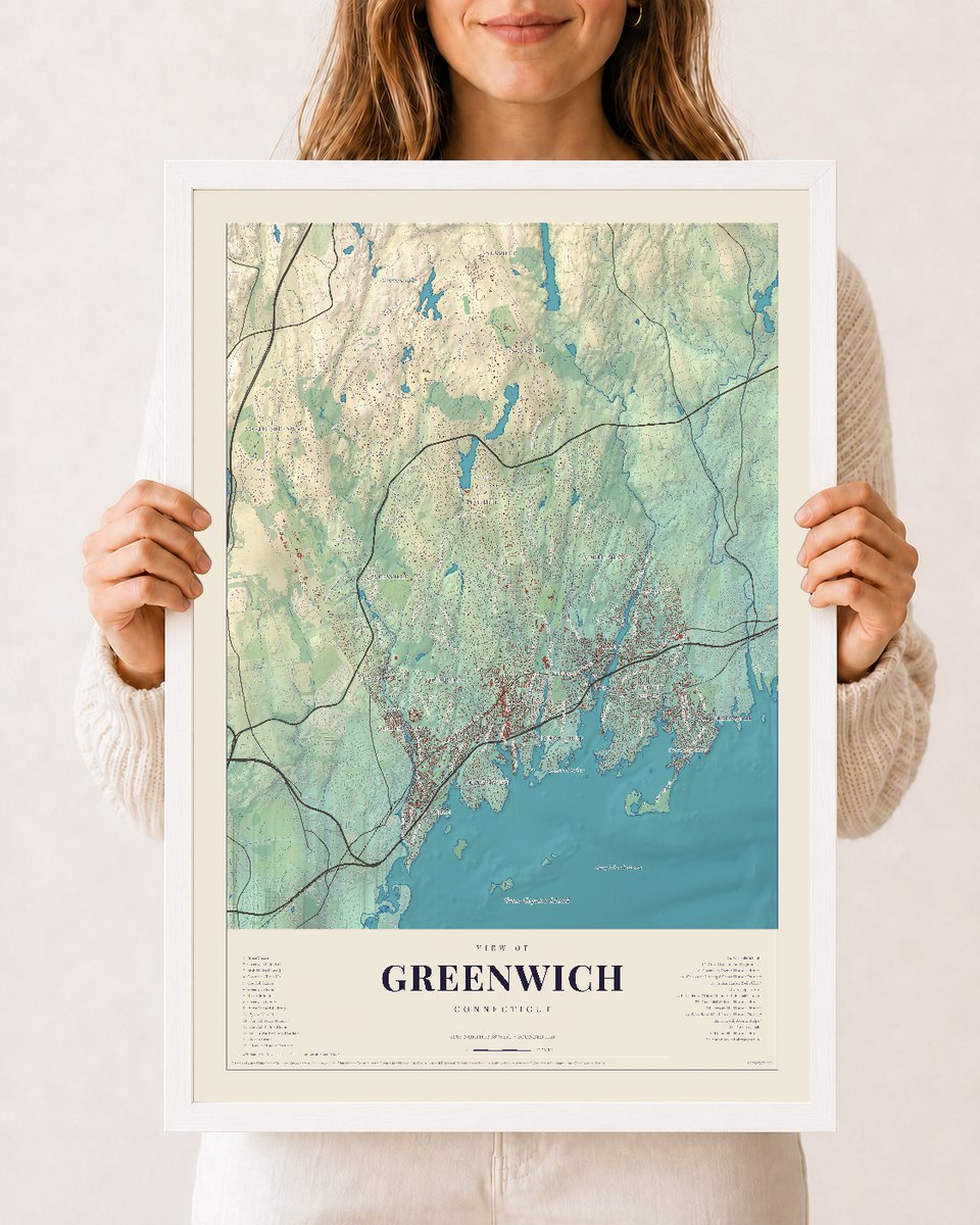 Greenwich, Connecticut map print, 12 x 18 in white wood frame