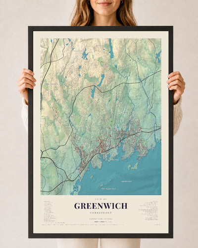 Greenwich, Connecticut map print, 24 x 36 in black wood frame