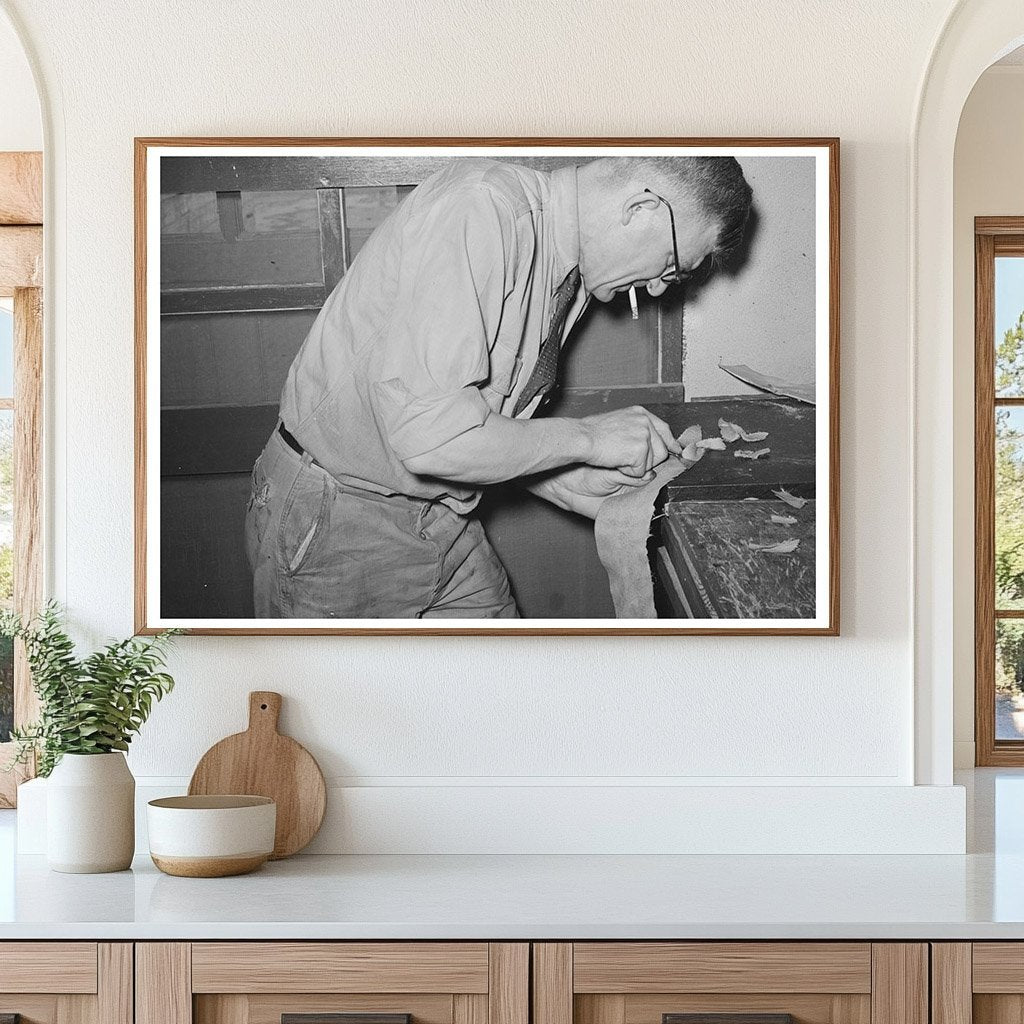 Hand Skiving Leather in Saddle Shop Alpine Texas 1939 - Available at KNOWOL