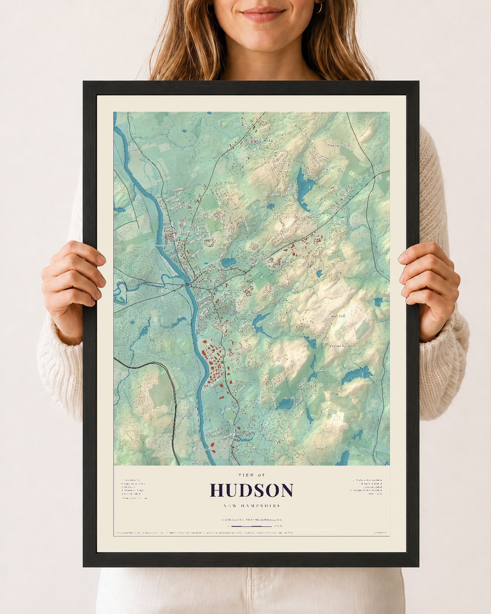 Hudson, New Hampshire map print, 12 x 18 in black wood frame