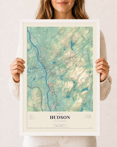 Hudson, New Hampshire map print, 12 x 18 in white wood frame