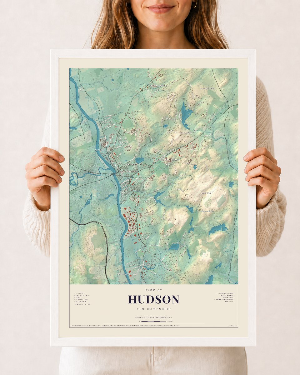 Hudson, New Hampshire map print, 12 x 18 in white wood frame