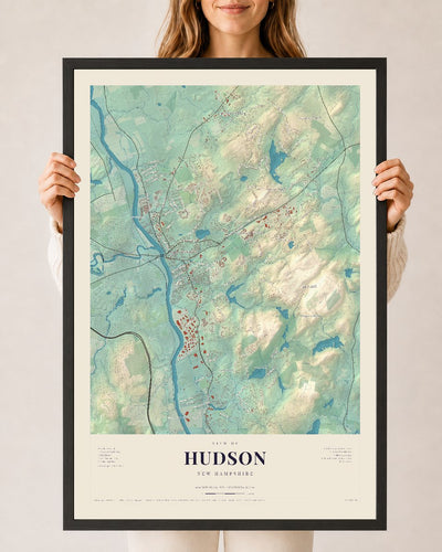 Hudson, New Hampshire map print, 24 x 36 in black wood frame