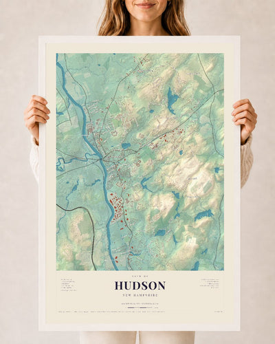 Hudson, New Hampshire map print, 24 x 36 in white wood frame