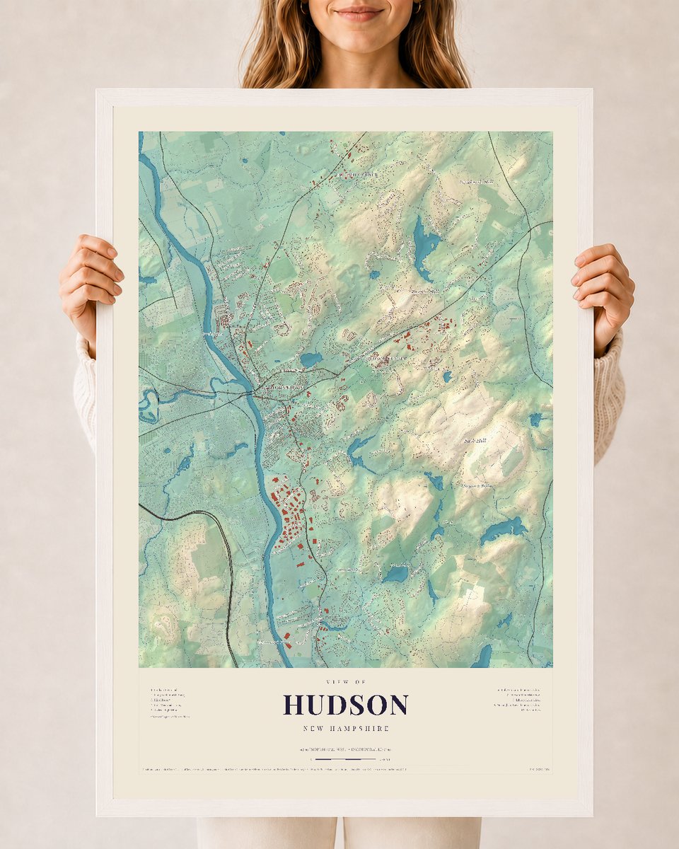 Hudson, New Hampshire map print, 24 x 36 in white wood frame