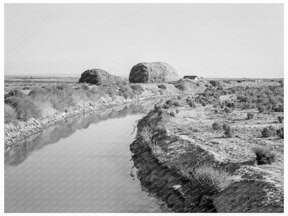 Irrigation Canal and Haystacks in Oregon 1939 - Available at KNOWOL