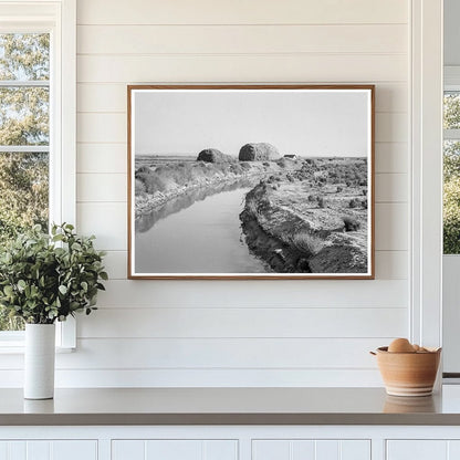 Irrigation Canal and Haystacks in Oregon 1939 - Available at KNOWOL