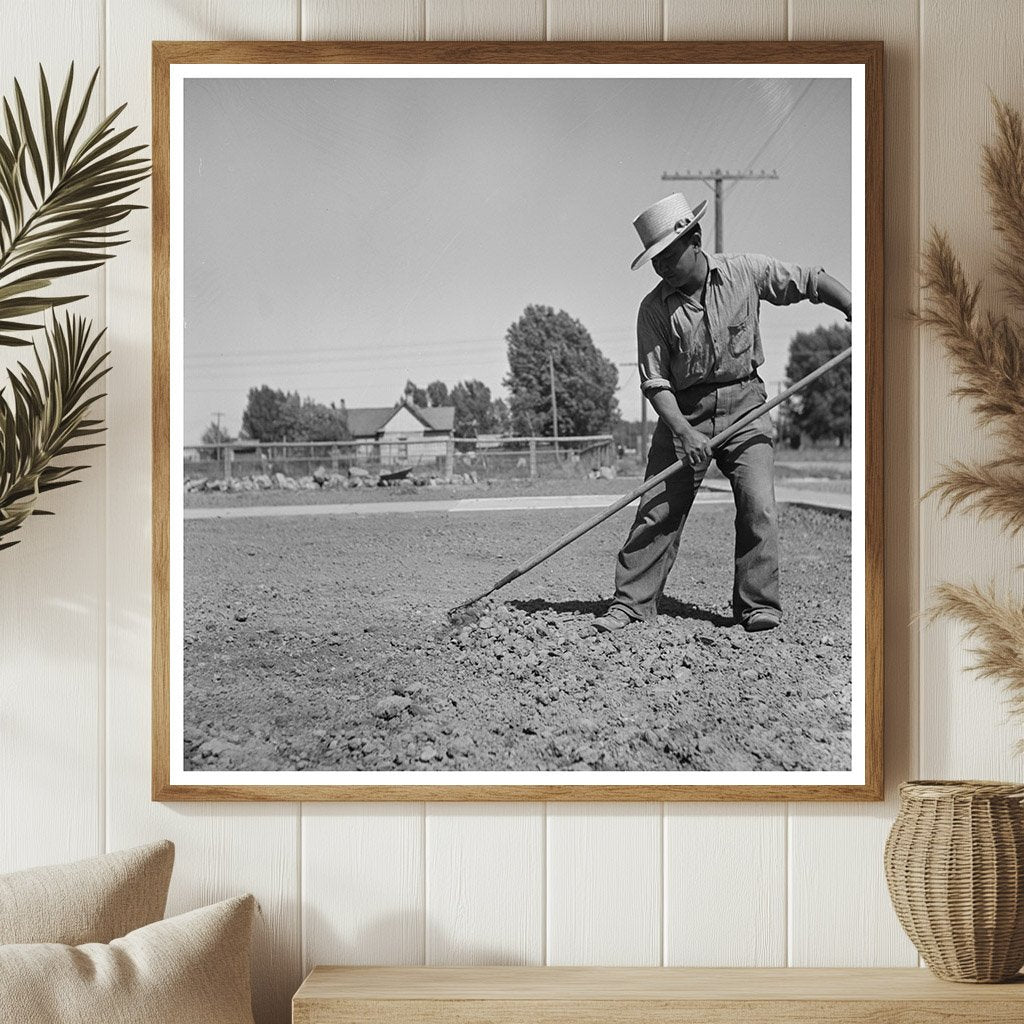 Japanese Farm Worker Lawn Maintenance July 1942 Shelley Idaho - Available at KNOWOL