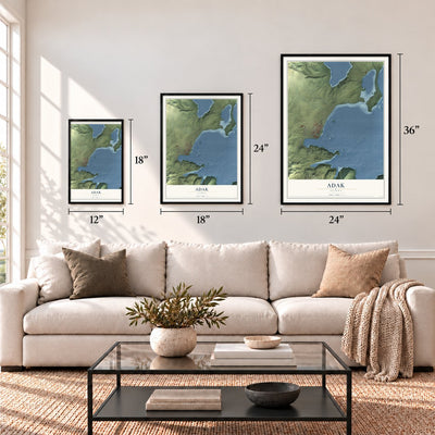 Adak, Alaska map in 12 x 18, 18 x 24 and 24 x 36 inch sizes above a sofa