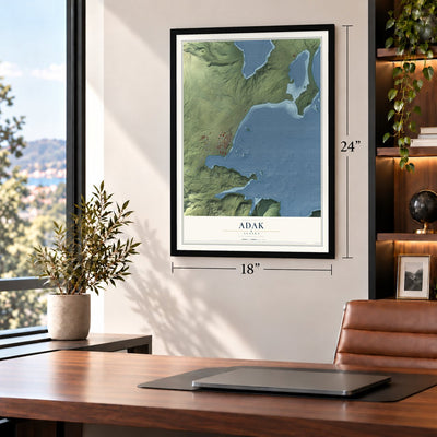 Adak, Alaska map, 18 x 24 inch print in a black frame in a home office