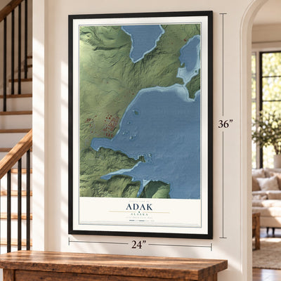 Adak, Alaska map, 24 x 36 inch print in a black frame by a staircase