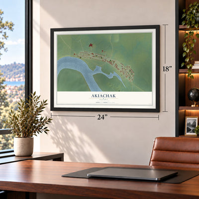 Akiachak, Alaska map, 18 x 24 inch print in a black frame in a home office