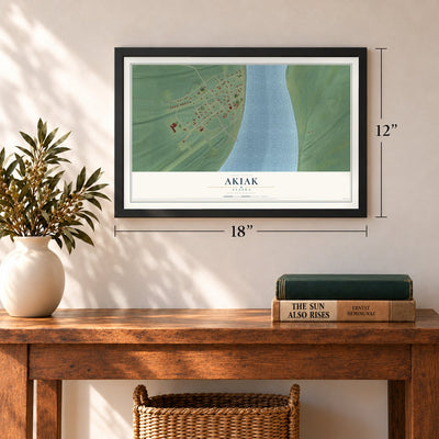 Akiak, Alaska map, 12 x 18 inch print in a black frame in an entryway