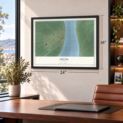 Akiak, Alaska map, 18 x 24 inch print in a black frame in a home office