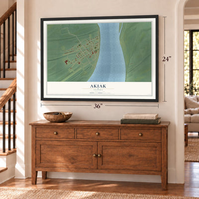 Akiak, Alaska map, 24 x 36 inch print in a black frame above a dresser by a staircase