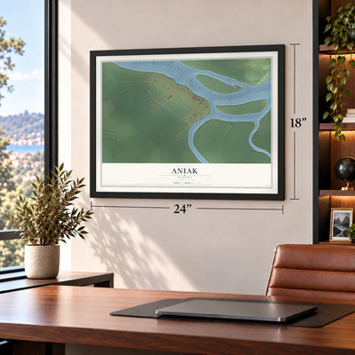 Aniak, Alaska map, 18 x 24 inch print in a black frame in a home office