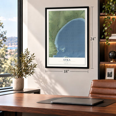 Atka, Alaska map, 18 x 24 inch print in a black frame in a home office