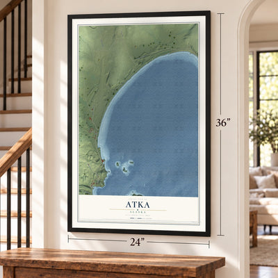 Atka, Alaska map, 24 x 36 inch print in a black frame by a staircase
