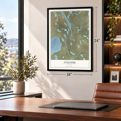 Atqasuk, Alaska map, 18 x 24 inch print in a black frame in a home office