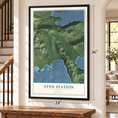 Attu Station, Alaska map, 24 x 36 inch print in a black frame by a staircase
