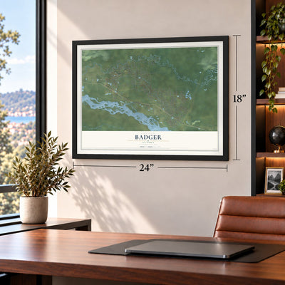 Badger, Alaska map, 18 x 24 inch print in a black frame in a home office