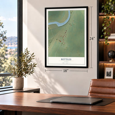 Bettles, Alaska map, 18 x 24 inch print in a black frame in a home office