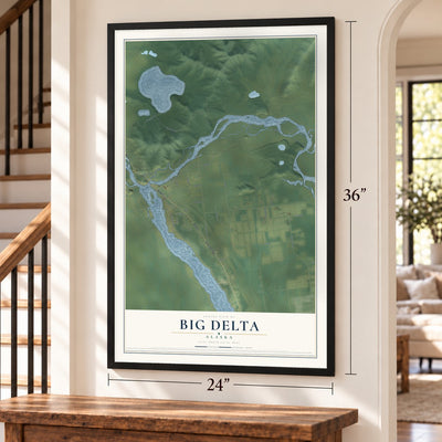 Big Delta, Alaska map, 24 x 36 inch print in a black frame by a staircase
