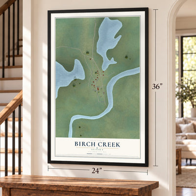 Birch Creek, Alaska map, 24 x 36 inch print in a black frame by a staircase