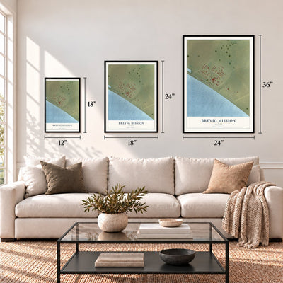Brevig Mission, Alaska map in 12 x 18, 18 x 24 and 24 x 36 inch sizes above a sofa