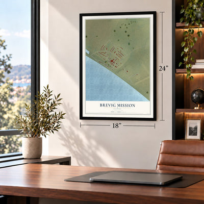Brevig Mission, Alaska map, 18 x 24 inch print in a black frame in a home office