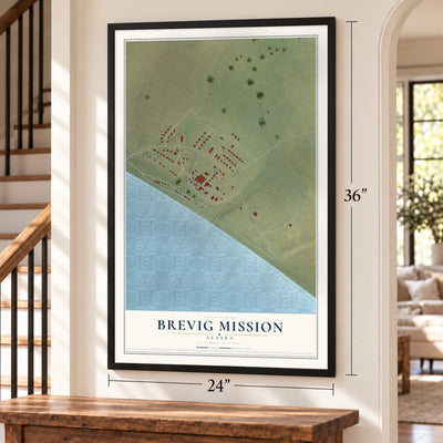Brevig Mission, Alaska map, 24 x 36 inch print in a black frame by a staircase
