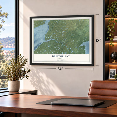 Bristol Bay, Alaska map, 18 x 24 inch print in a black frame in a home office