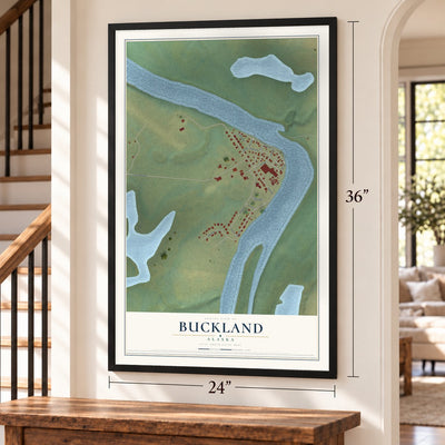 Buckland, Alaska map, 24 x 36 inch print in a black frame by a staircase