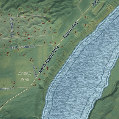 Close-up of the map of Buffalo Soapstone, Alaska print showing street and building detail
