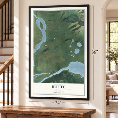 Butte, Alaska map, 24 x 36 inch print in a black frame by a staircase