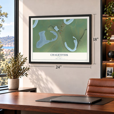 Chalkyitsik, Alaska map, 18 x 24 inch print in a black frame in a home office