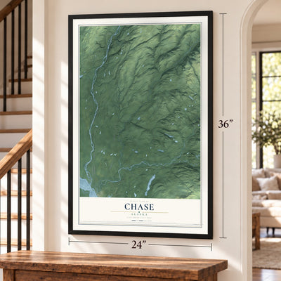 Chase, Alaska map, 24 x 36 inch print in a black frame by a staircase