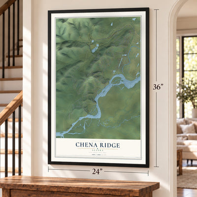 Chena Ridge, Alaska map, 24 x 36 inch print in a black frame by a staircase