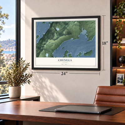 Chenega, Alaska map, 18 x 24 inch print in a black frame in a home office