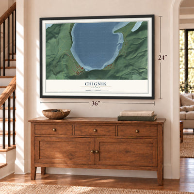 Chignik, Alaska map, 24 x 36 inch print in a black frame above a dresser by a staircase