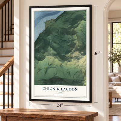 Chignik Lagoon, Alaska map, 24 x 36 inch print in a black frame by a staircase