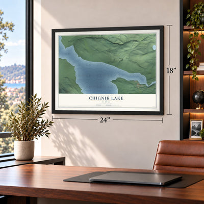 Chignik Lake, Alaska map, 18 x 24 inch print in a black frame in a home office