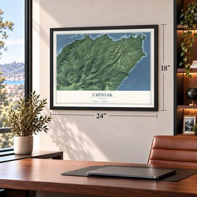 Chiniak, Alaska map, 18 x 24 inch print in a black frame in a home office